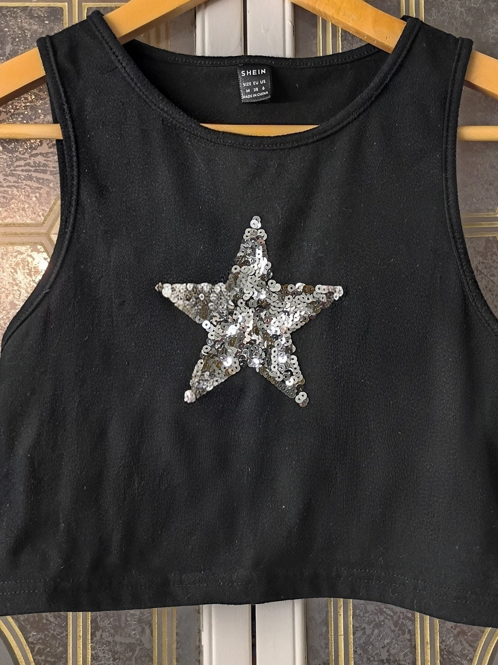 SHEIN Black Cropped Tank with Silver Sequin Star
